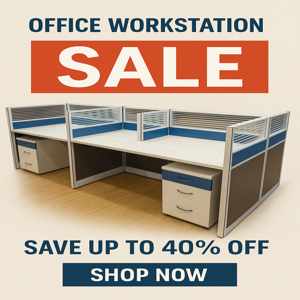 Modern office workstation on sale with a 40% discount banner and call-to-action to shop now